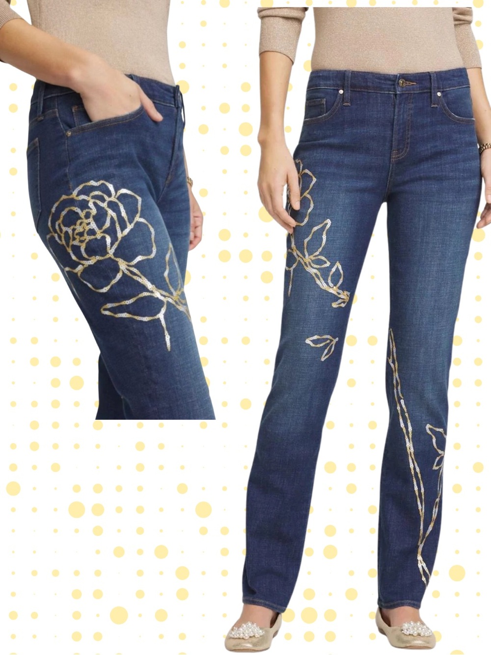 Chico’s Women Glam Rose embellished party casual girlfriend slim leg jeans Sz 6